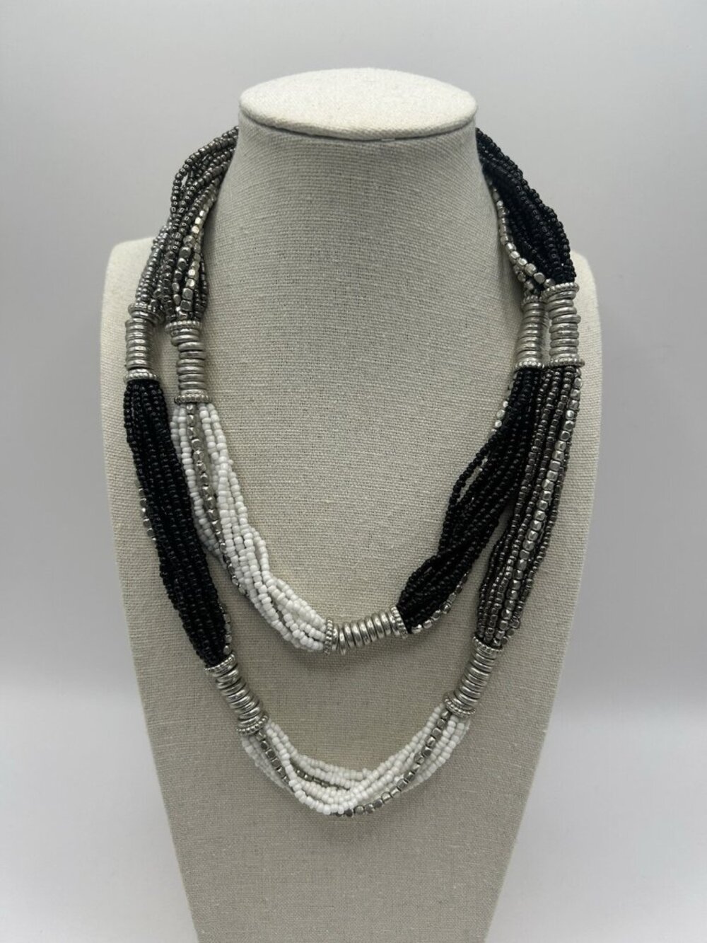 Jules B Multi Strand Seed Bead Statement Necklace Black White Silver Boho New